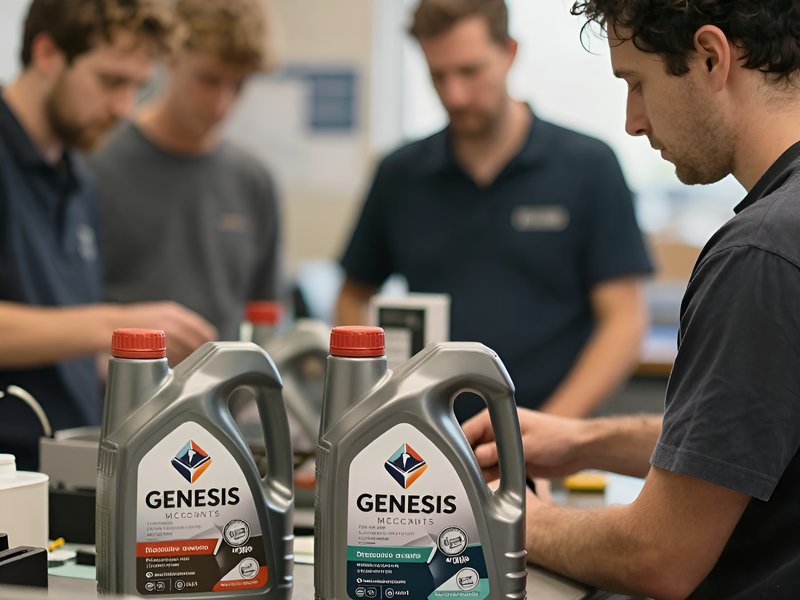 Процесс замены моторного масла Genesis в сервисном центре Lukoil-Genesis с использованием профессионального оборудования